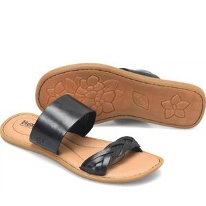 Born Cherita 2 Leather Wide & Braided Strap Slip-On Flat Sandals Black Size 9M